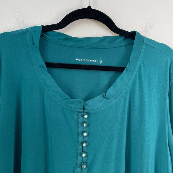 Susan Graver Womens Plus 1X Teal Button Front Top Stretch Liquid Knit Shirt - Picture 8 of 9